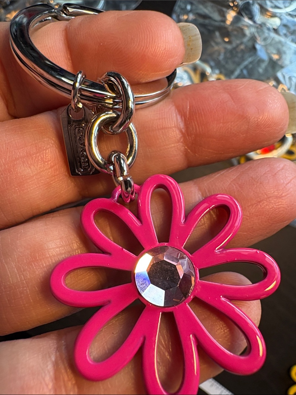 Coach Hot Pink Daisy Keyring with Crystal Center - Picture 2 of 3